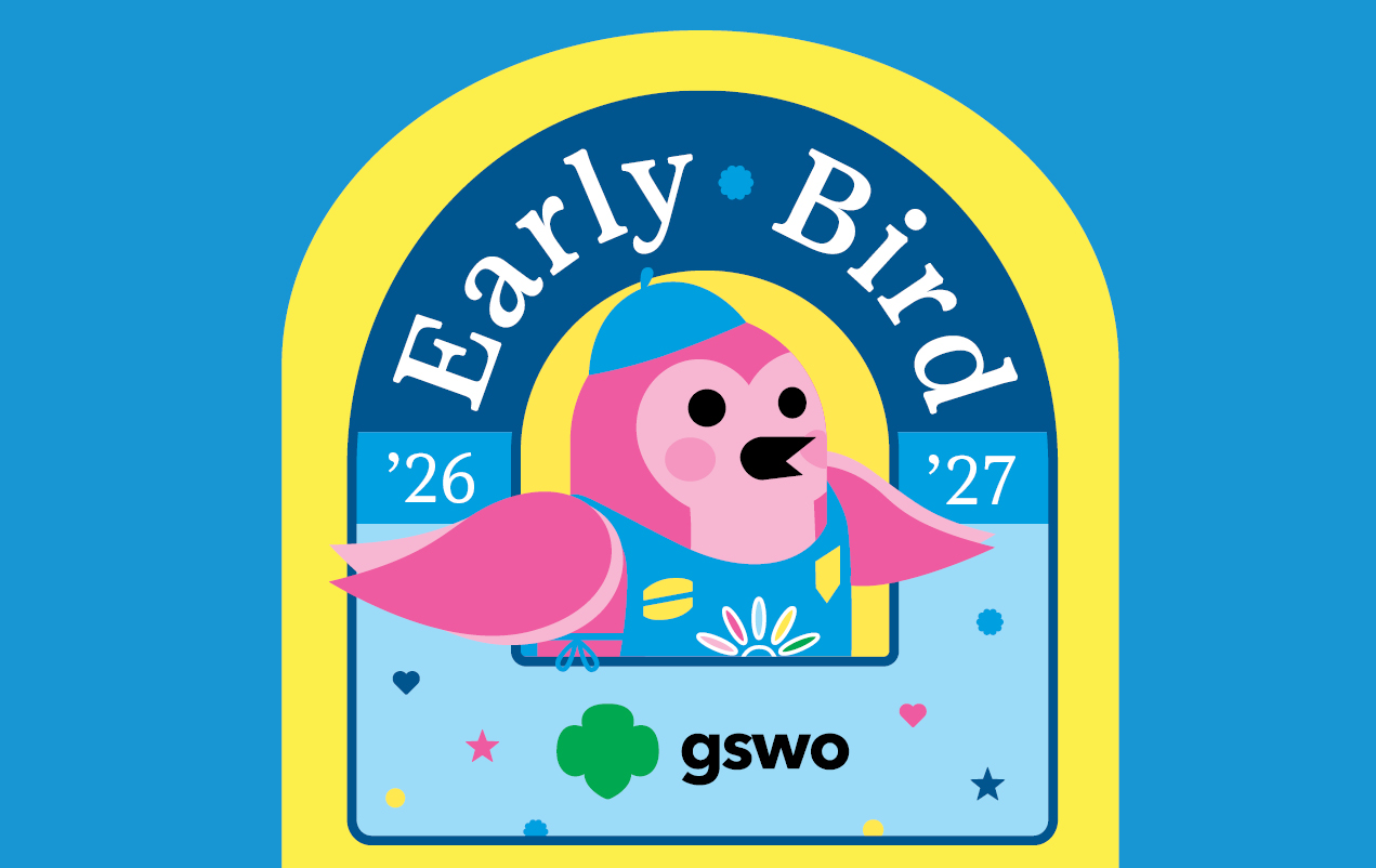 Image of patch, with pink bird in a blue Daisy vest. Text reads Early Bird '26-'27. Girl Scouts of Western Ohio logo